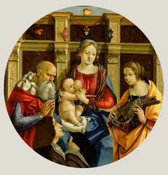 Madonna och barn med en manlig helgon, Katarina av Alexandria och en donator, ca 1500 (tempera på panel)